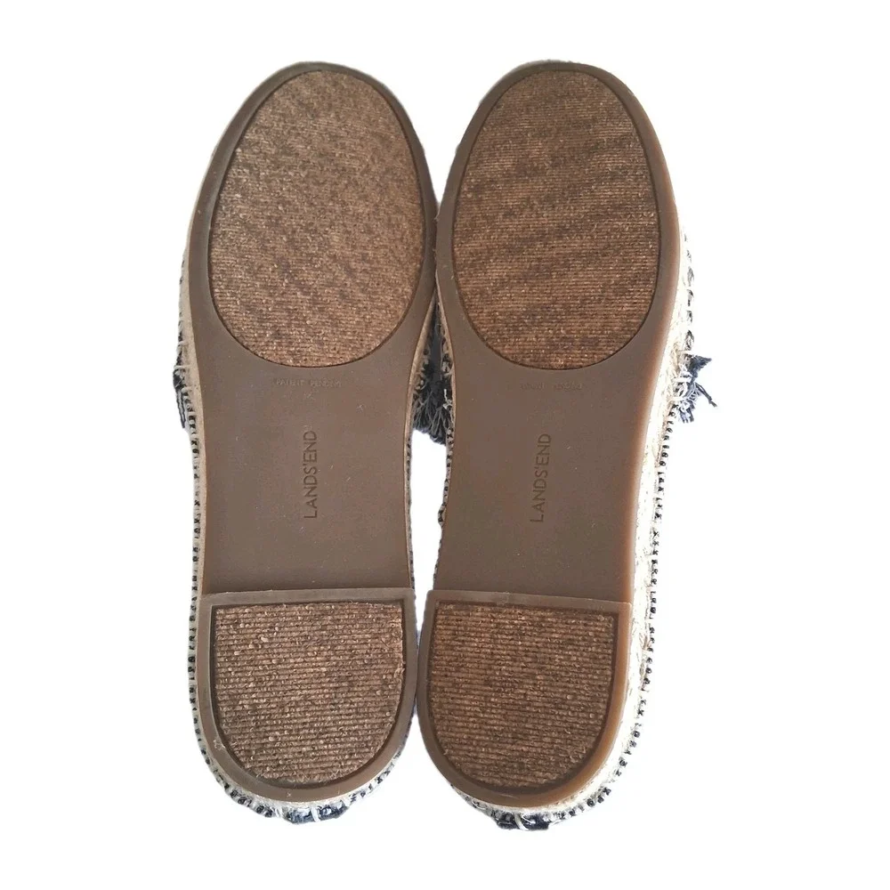 LANDS END Womens Slip-On Espadrille Flats Blue/White Fringe Denim Canvas Sz 8.5B